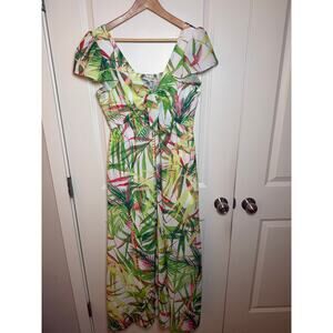 Taylor Tropical Palm Print Flutter Sleeve Maxi Dress V-Neck Tie Front Size 10